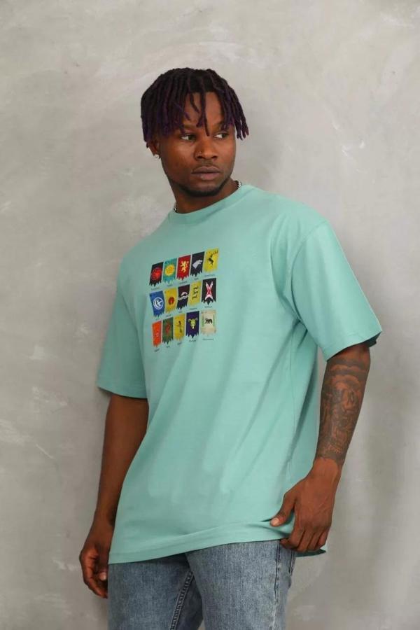 Unisex Oversize Baskılı Bisiklet Yaka T-Shirt - Mint Yeşili - Image 1