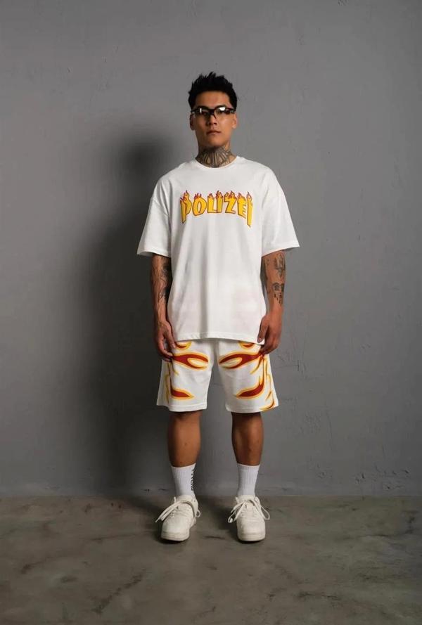 Erkek Alev Baskılı İkili Şortlu Takım - Beyaz - Image 1