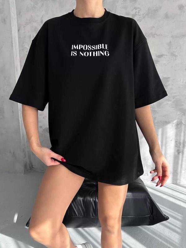 Unisex Bisiklet Yaka Baskılı Oversize T-Shirt - Siyah - Image 1