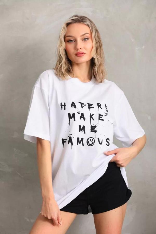 Unisex Baskılı Oversize T-Shirt - Beyaz - Image 1