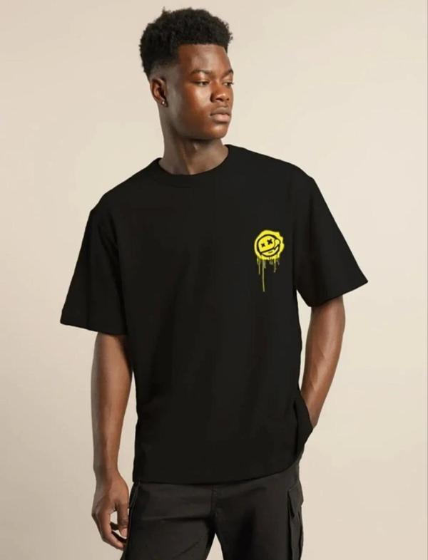 Unisex Bisiklet Yaka Baskılı Oversize T-Shirt - Siyah - Image 1