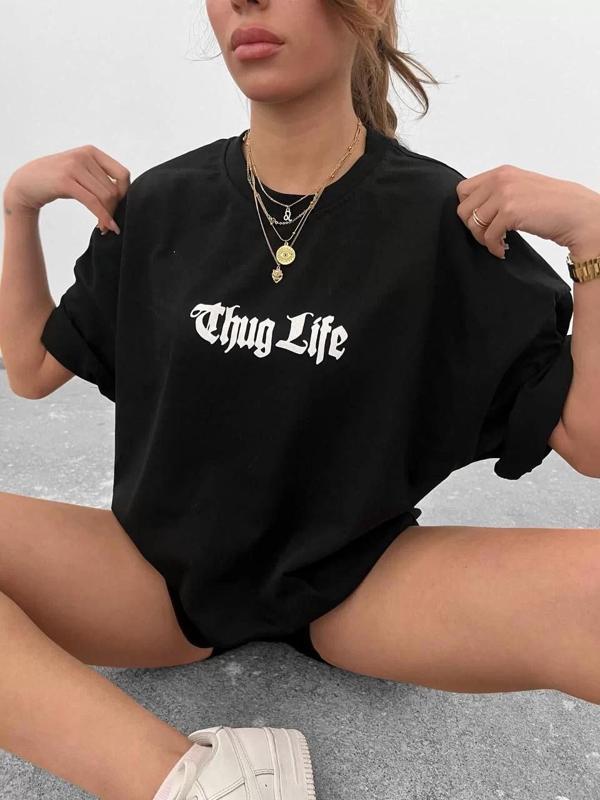 Unisex Bisiklet Yaka Baskılı Oversize T-Shirt - Siyah - Image 1