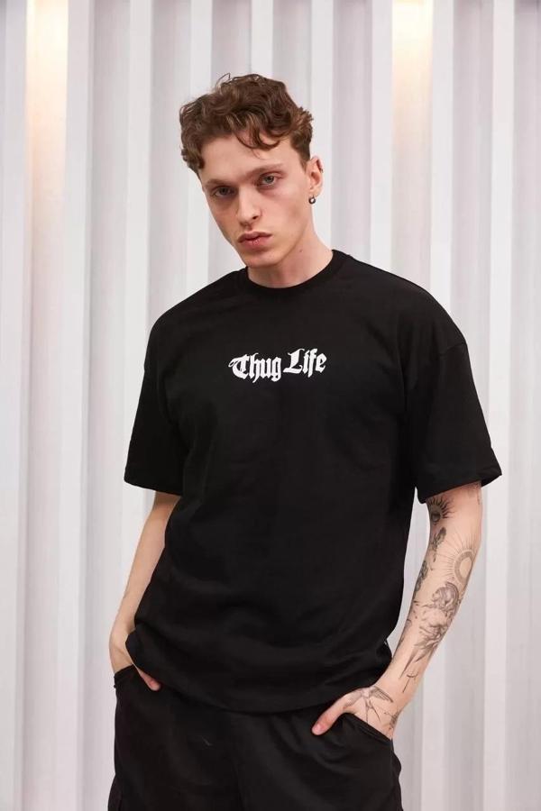 Unisex Bisiklet Yaka Baskılı Oversize T-Shirt - Siyah - Image 1