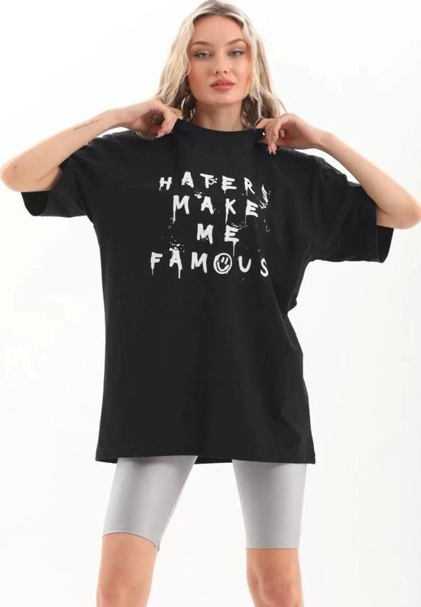 Unisex Baskılı Oversize T-Shirt - Siyah - Image 1