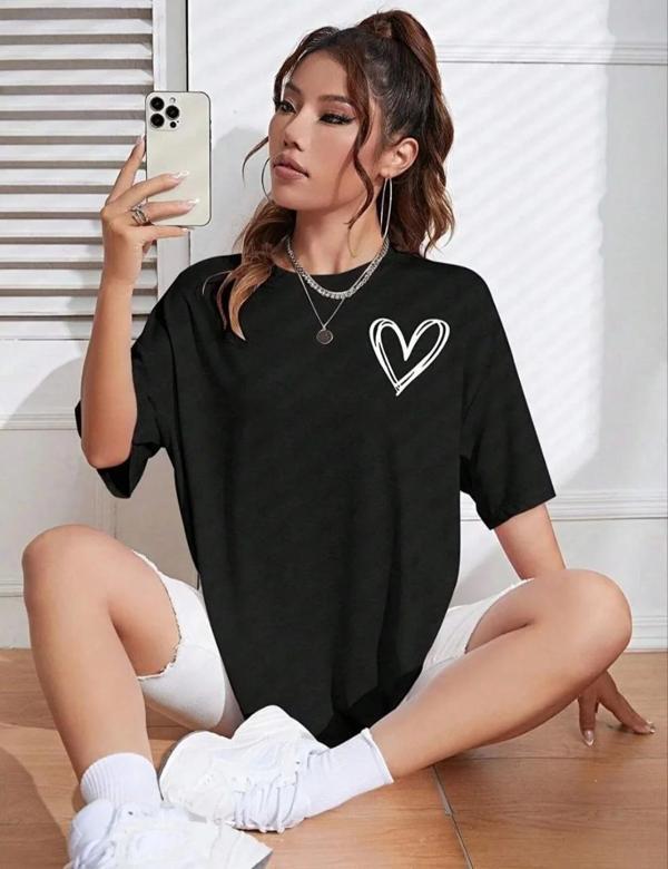 Kadın Bisiklet Yaka Baskılı Oversize T-Shirt - Siyah - Image 1