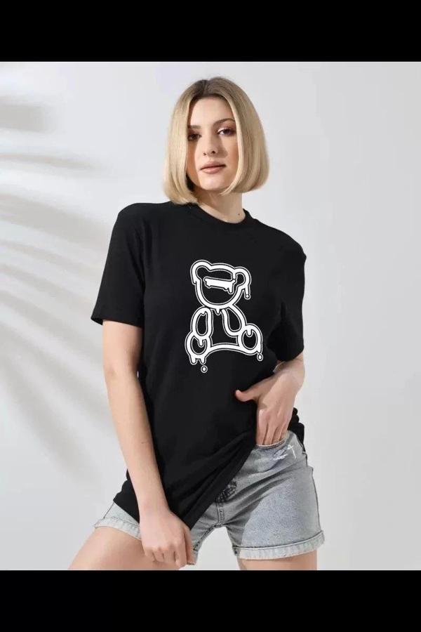 Unisex Kadın Bisiklet Yaka Baskılı T-Shirt - Siyah - Image 1