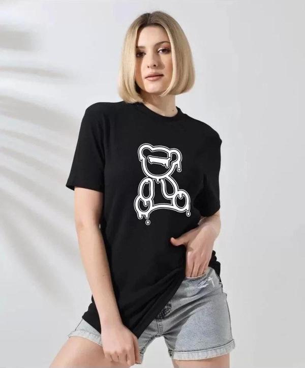 Unisex Kadın Bisiklet Yaka Baskılı T-Shirt - Siyah - Image 1