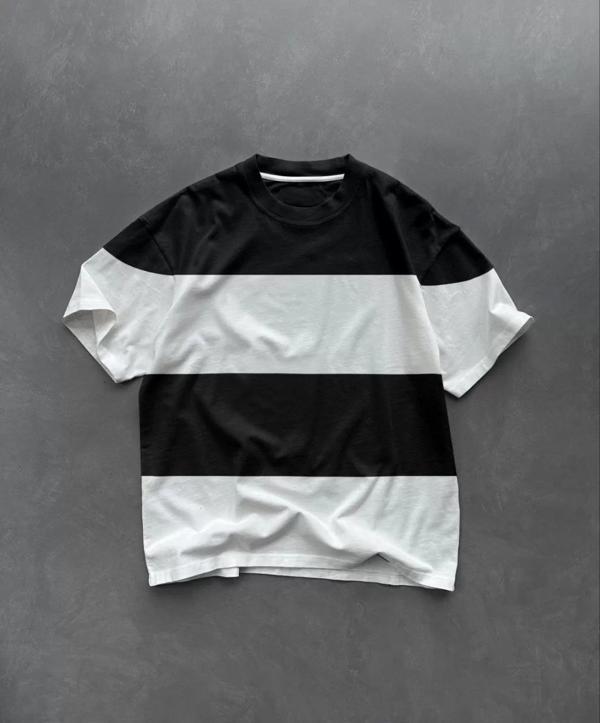 Unisex Bisiklet Yaka Parçalı T-Shirt - Siyah - Image 1