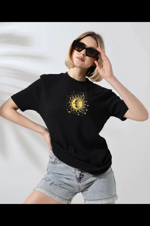 Unisex Kadın Bisiklet Yaka Baskılı T-Shirt - Siyah - Image 1