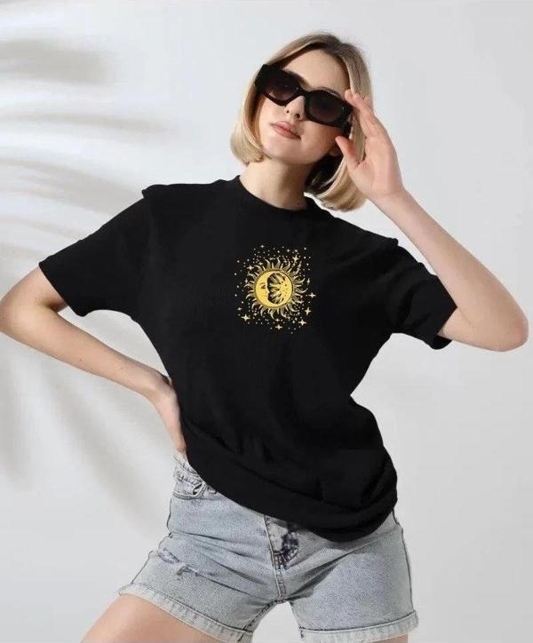 Unisex Kadın Bisiklet Yaka Baskılı T-Shirt - Siyah - Image 1