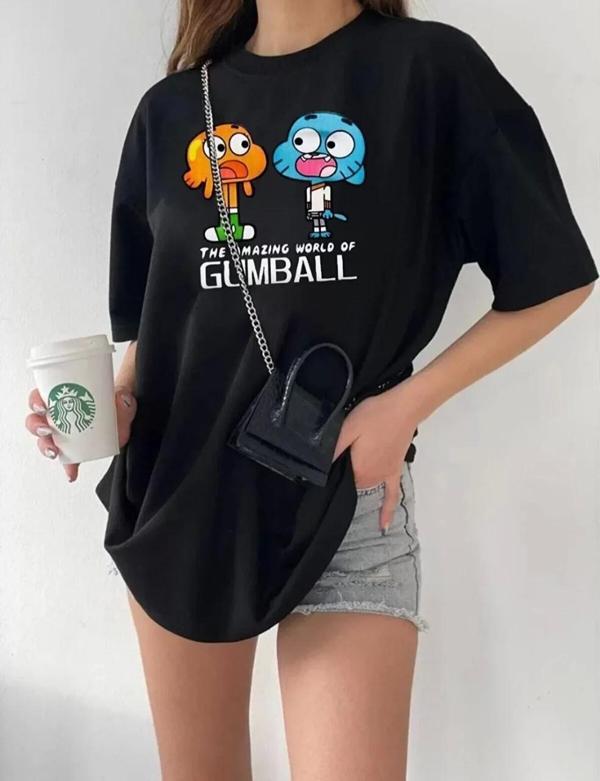 Kadın Bisiklet Yaka Baskılı Oversize T-Shirt - Siyah - Image 1