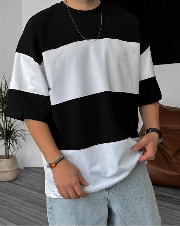 Unisex Bisiklet Yaka Parçalı T-Shirt - Siyah - Image 1