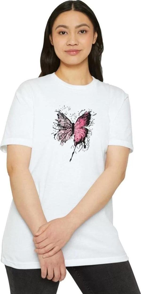 Unisex Kadın Bisiklet Yaka Baskılı T-Shirt - Beyaz - Image 1