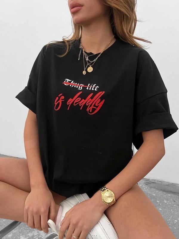 Unisex Bisiklet Yaka Baskılı Oversize T-Shirt - Siyah - Image 1