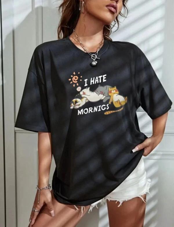 Kadın Bisiklet Yaka Baskılı Oversize T-Shirt - Siyah - Image 1