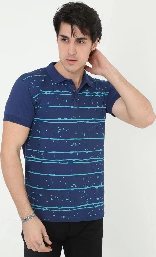 Erkek Yakalı Slim Fit Pike Çizgili T-Shirt - Mavi - Image 1