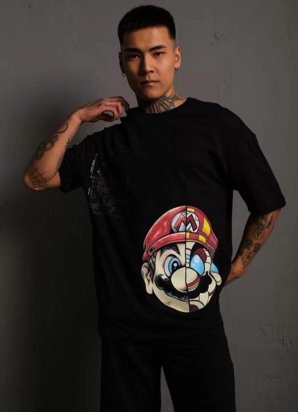 Erkek Mario Baskılı Oversize T-Shirt - Siyah - Image 1