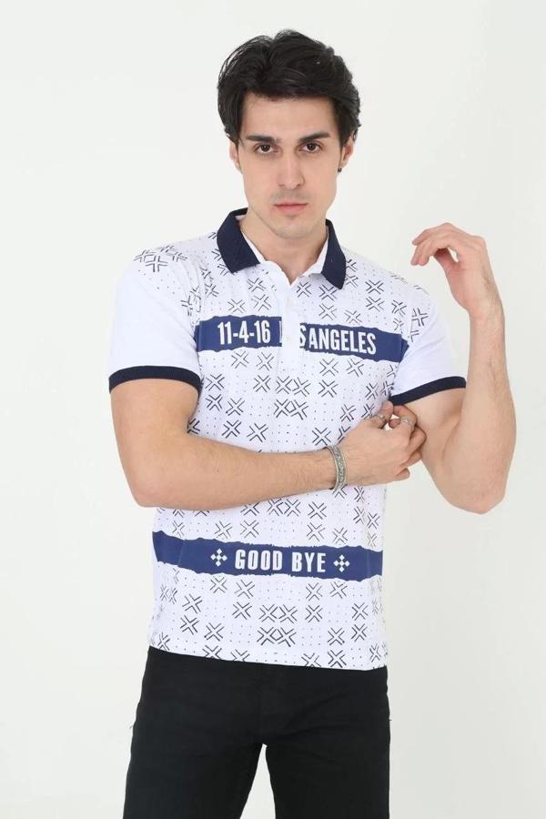 Erkek Yakalı Slim Fit Baskılı T-Shirt - Beyaz - Image 1
