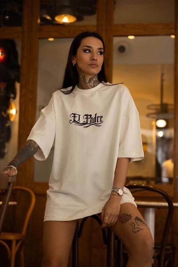 Unisex Bisiklet Yaka Baskılı Oversize T-Shirt - Beyaz - Image 1