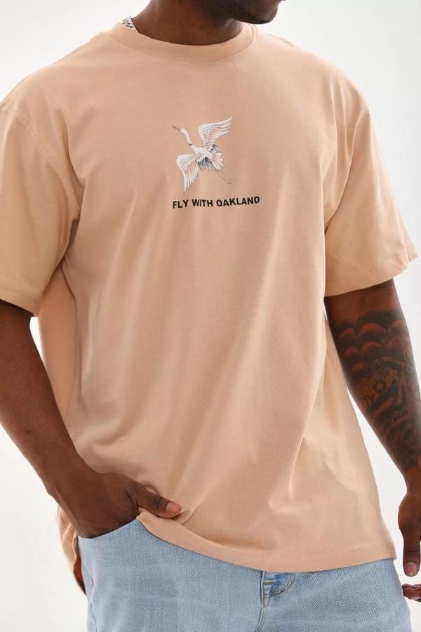 Unisex Baskılı Oversize T-Shirt - Bej - Image 1