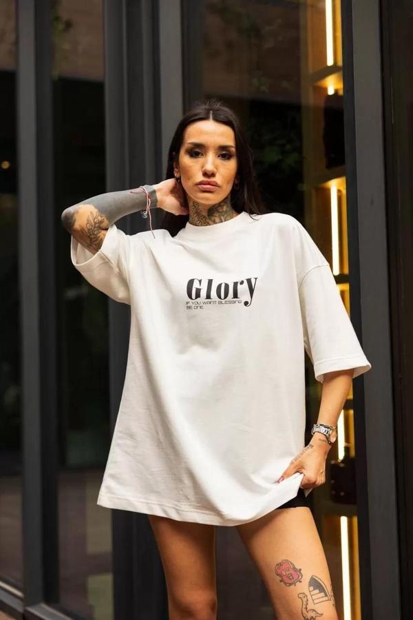 Unisex Bisiklet Yaka Baskılı Oversize T-Shirt - Beyaz - Image 1