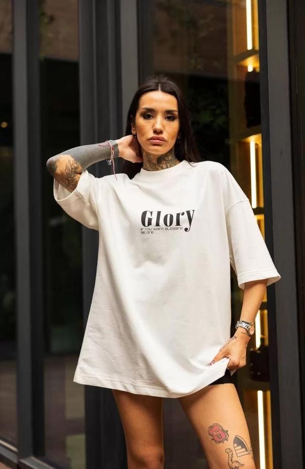 Unisex Bisiklet Yaka Baskılı Oversize T-Shirt - Beyaz - Image 1