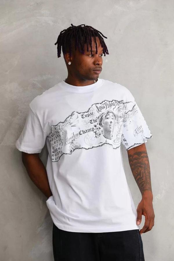 Unisex Bisiklet Yaka Baskılı Oversize T-Shirt - Beyaz - Image 1