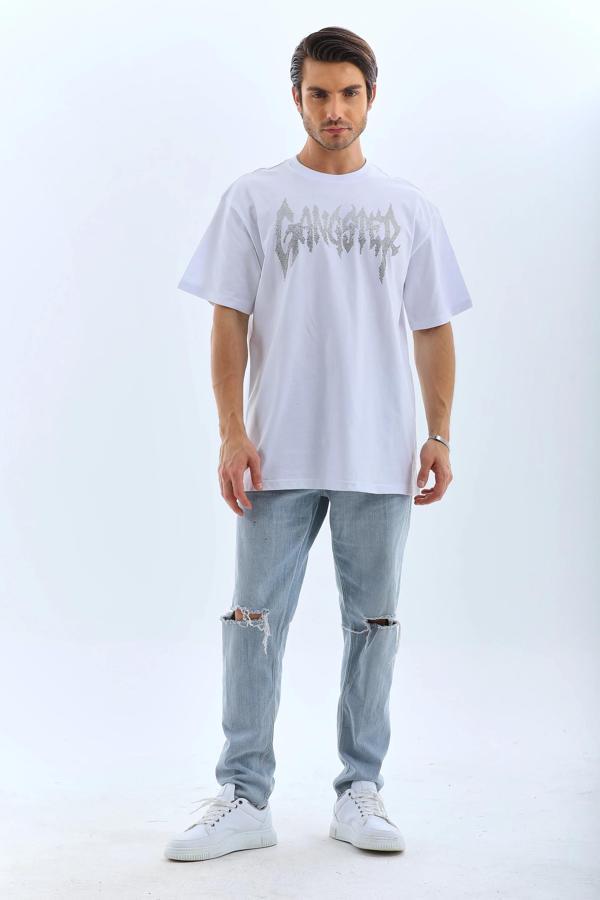 Unisex Oversize Taşlı Bisiklet Yaka T-Shirt - Beyaz - Image 1