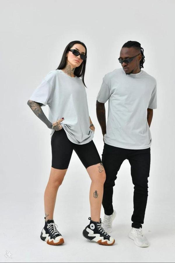 Unisex Basic Bisiklet Yaka Oversize T-Shirt - Boyalı Gri - Image 1