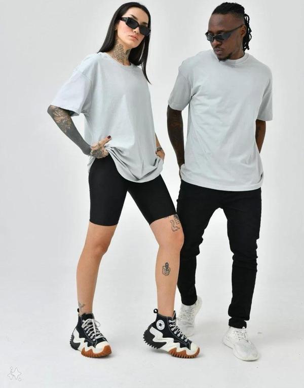 Unisex Basic Bisiklet Yaka Oversize T-Shirt - Boyalı Gri - Image 1
