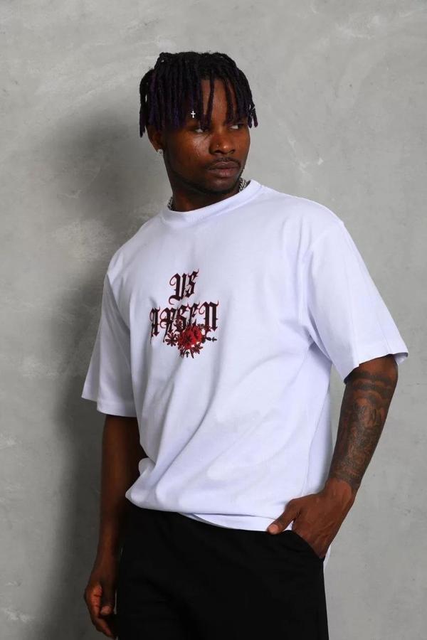 Unisex Oversize Baskılı Bisiklet Yaka T-Shirt - Beyaz - Image 1