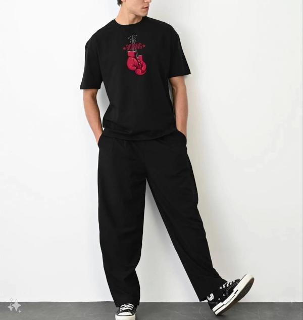 Unisex Bisiklet Yaka Baskılı Oversize T-Shirt - Siyah - Image 1