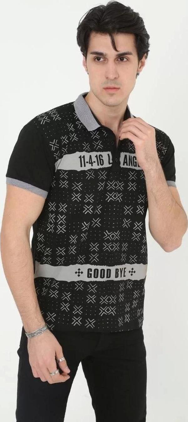 Erkek Yakalı Slim Fit Baskılı T-Shirt - Siyah - Image 1