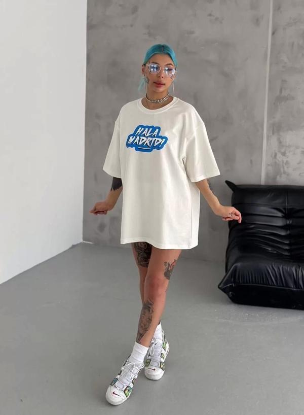 Unisex Bisiklet Yaka Baskılı Oversize T-Shirt - Beyaz - Image 1