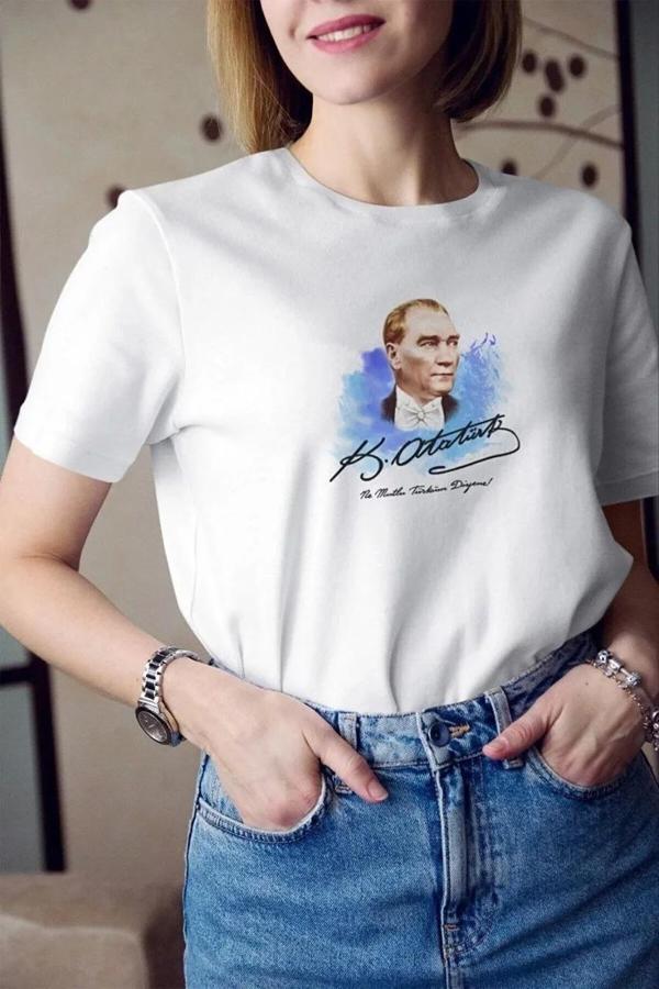 Unisex Bisiklet Yaka Baskılı Oversize T-Shirt - Beyaz - Image 1
