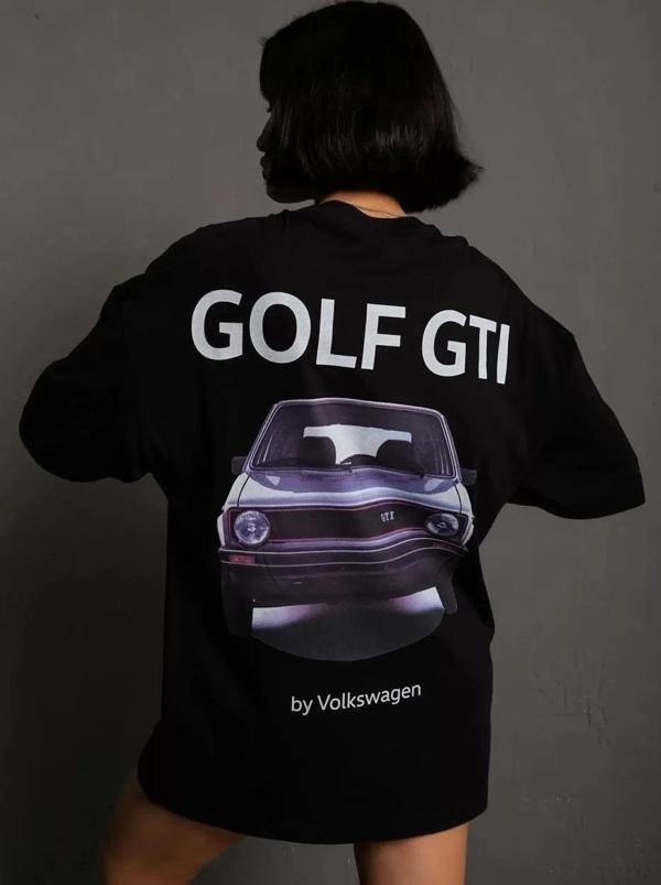 Kadın Sırt Golf Gtı Baskılı Oversize T-shirt - Siyah - Image 1