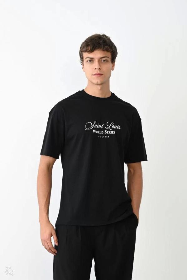 Unisex Bisiklet Yaka Baskılı Oversize T-Shirt - Siyah - Image 1