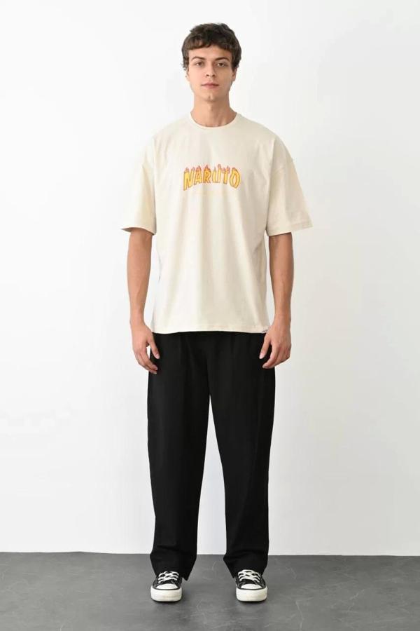 Unisex Bisiklet Yaka Baskılı Oversize T-Shirt - Beyaz - Image 1