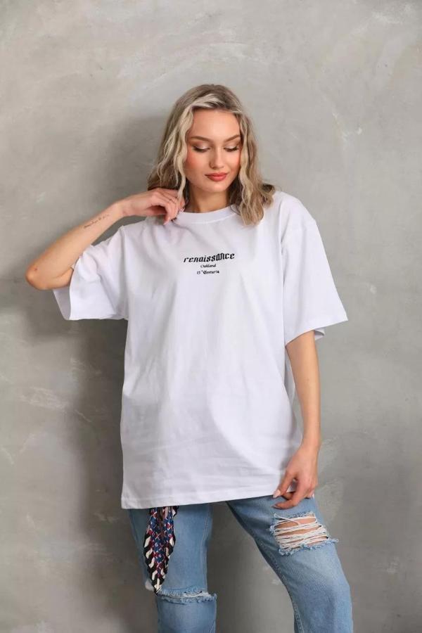 Unisex Baskılı Oversize T-Shirt - Beyaz - Image 1