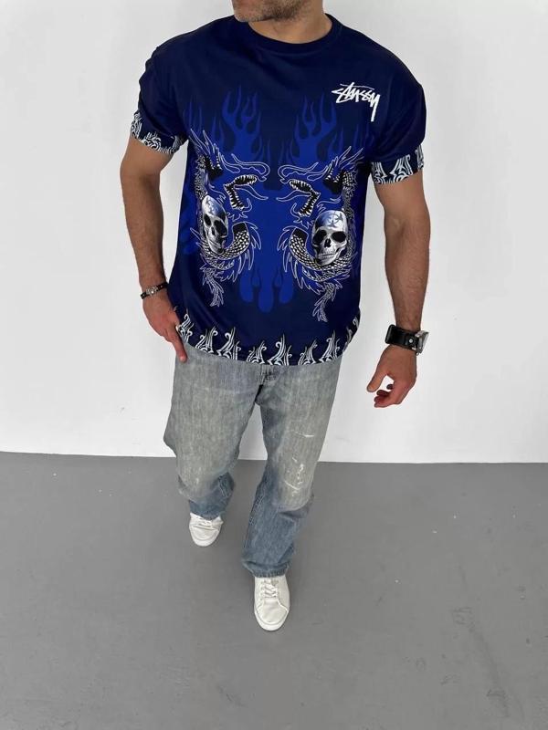 Unisex Bisiklet Yaka Baskılı Oversize T-Shirt - Lacivert - Image 1