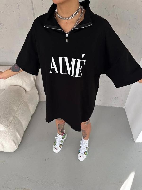 Unisex Yarım Fermuarlı Baskılı T-Shirt - Siyah - Image 1