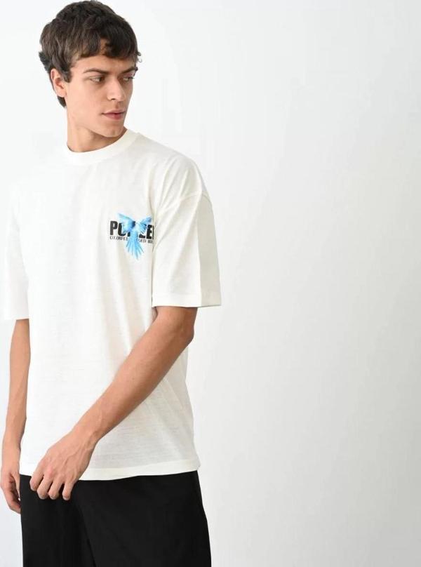 Unisex Bisiklet Yaka Baskılı Oversize T-Shirt - Beyaz - Image 1