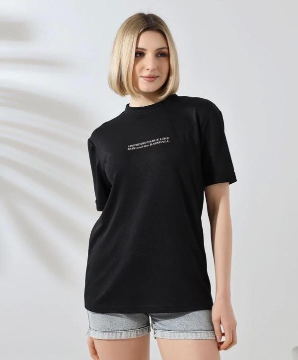 Unisex Bisiklet Yaka Baskılı Slim Fit T-Shirt - Siyah - Image 1