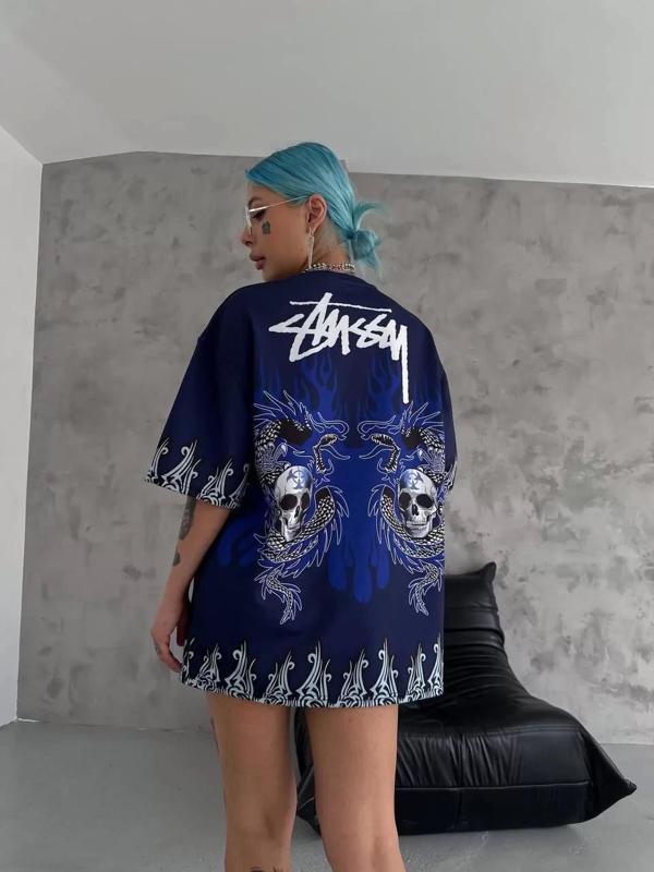 Unisex Bisiklet Yaka Baskılı Oversize T-Shirt - Lacivert - Image 1