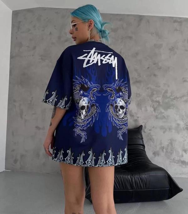 Unisex Bisiklet Yaka Baskılı Oversize T-Shirt - Lacivert - Image 1