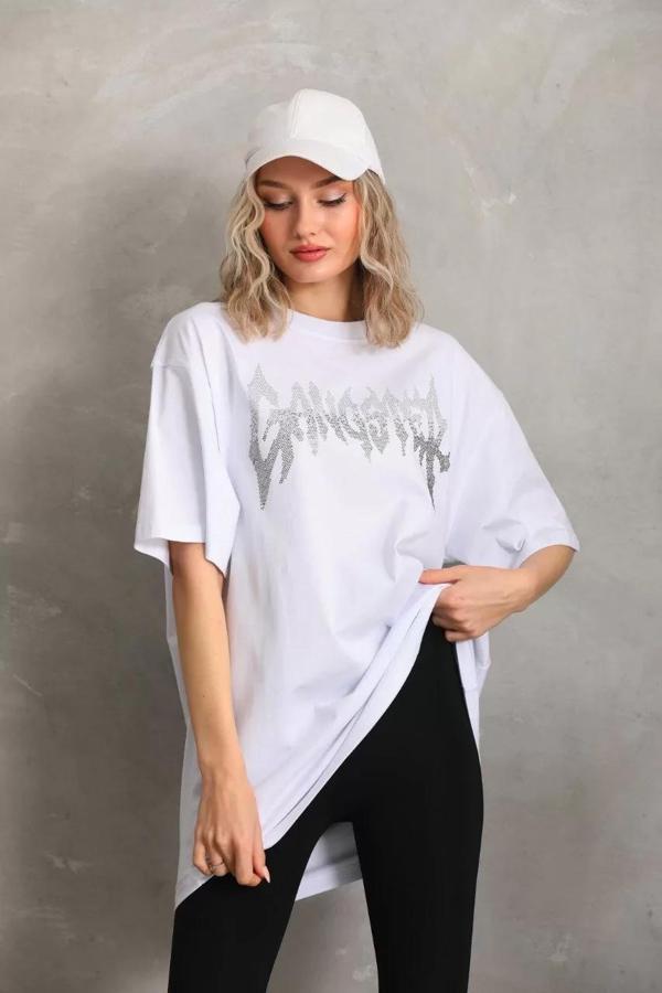 Unisex Taş Desenli Oversize T-Shirt - Beyaz - Image 1