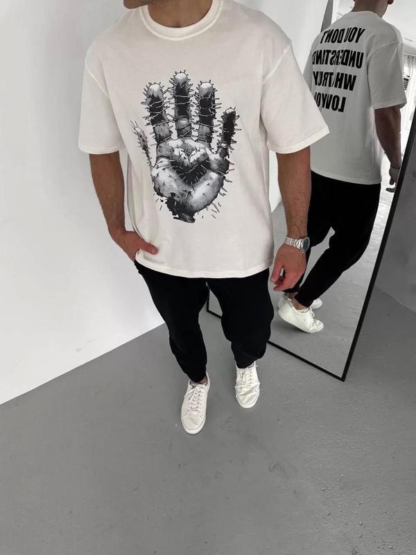 Unisex Bisiklet Yaka Baskılı Oversize T-Shirt - Beyaz - Image 1