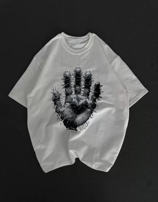 Unisex Bisiklet Yaka Baskılı Oversize T-Shirt - Beyaz - Image 1