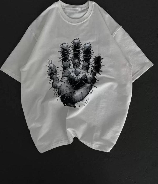 Unisex Bisiklet Yaka Baskılı Oversize T-Shirt - Beyaz - Image 1