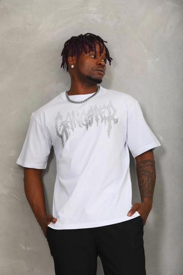 Unisex Oversize Taşlı Bisiklet Yaka T-Shirt - Beyaz - Image 1